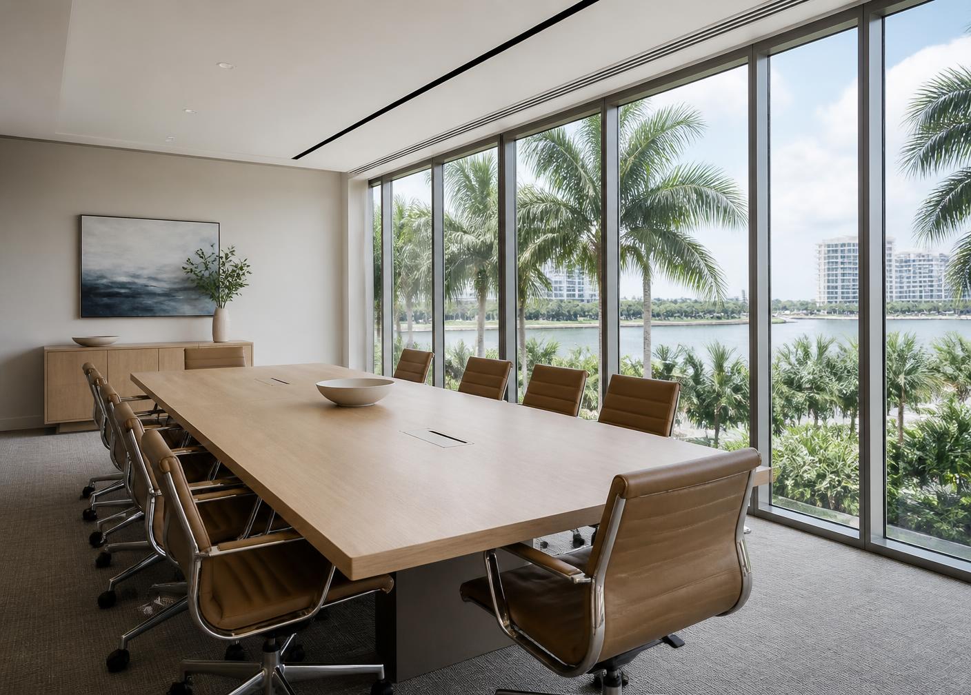 Business leaders meeting in a bright modern Florida conference room